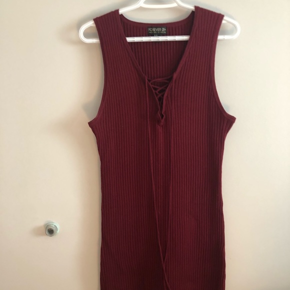 Red/Maroon Ribbed Sweater Dress with Lace up Neck - Picture 2 of 2